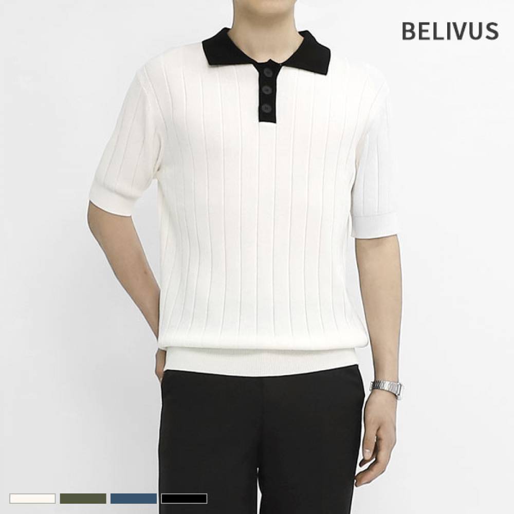 빌리버스 남자 반팔티 BXR022 배색 카라 니트 티셔츠