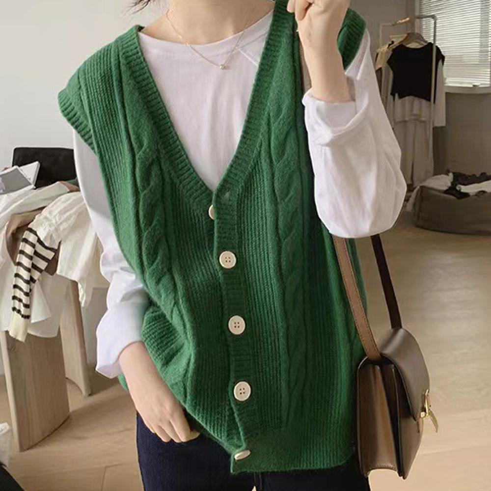 여성 울 꽈배기 니트 베스트 조끼 브이넥 쪼끼 그린 -싸게팔자