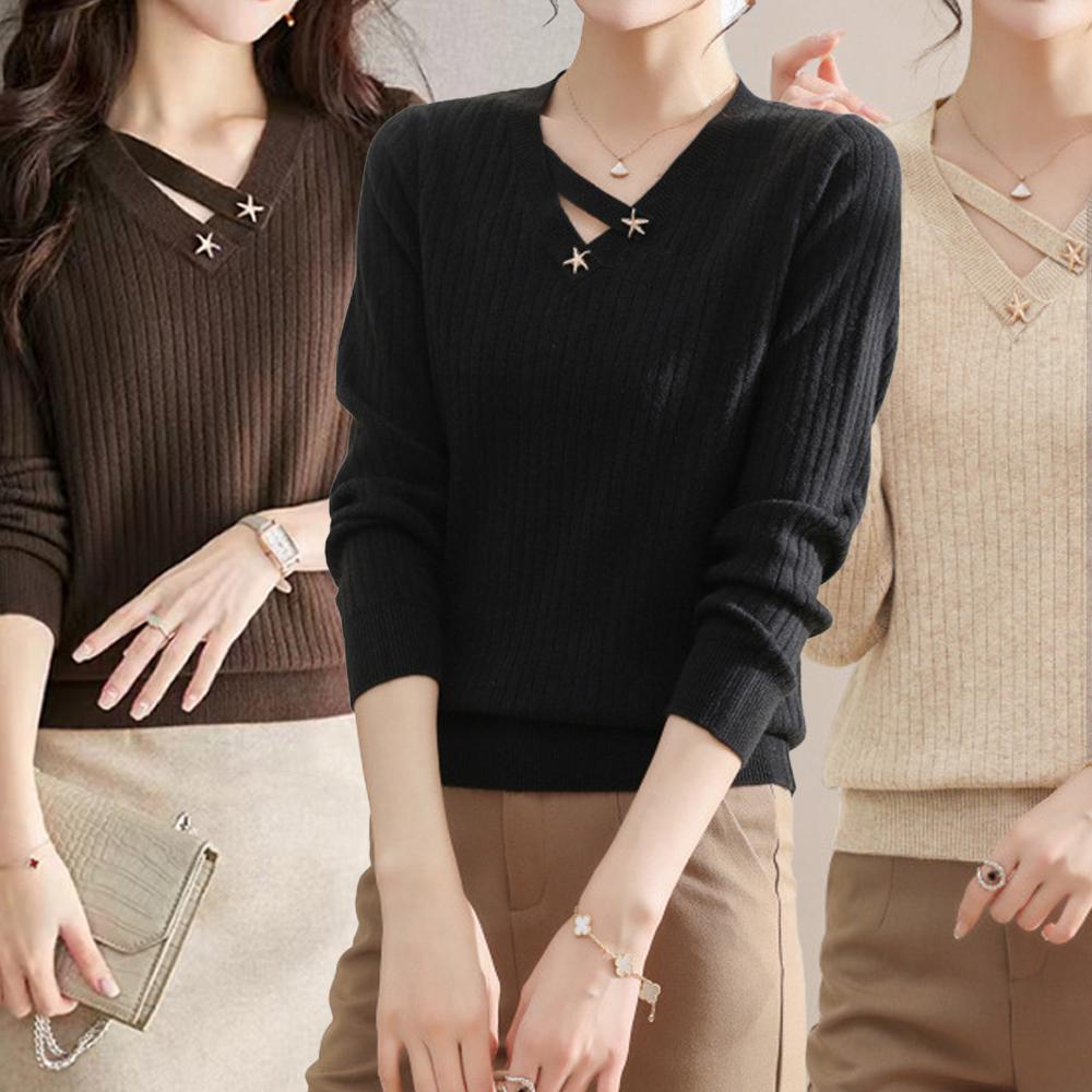 여성 골지 브이넥 봄 가을 긴팔 니트 티 -싸게팔자