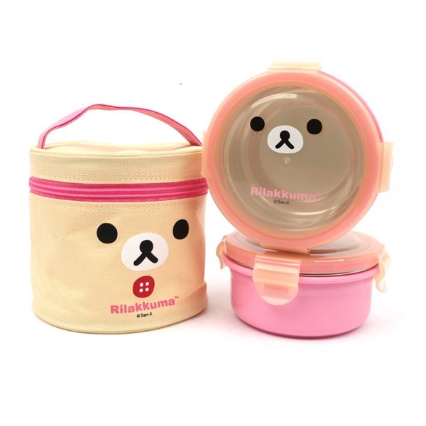 리락쿠마 가방2단 원형 이중스텐도시락(얼굴)(핑크)